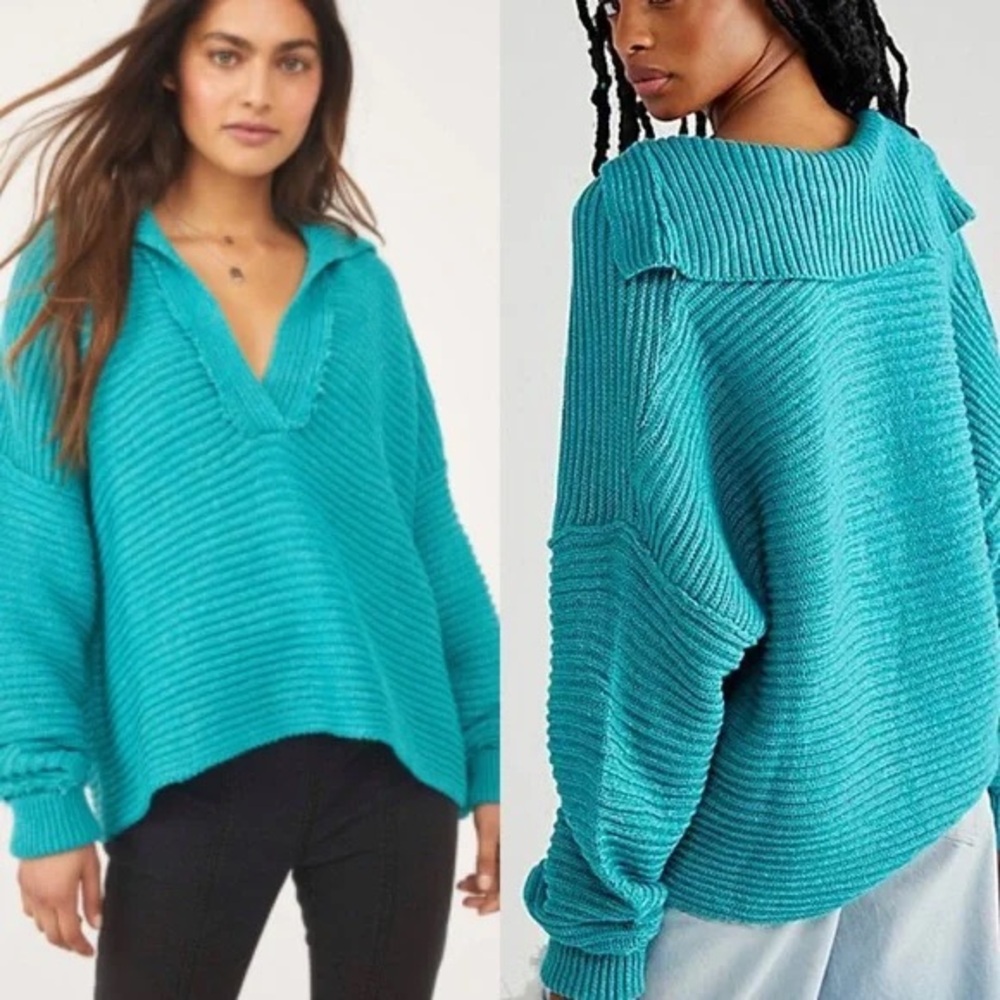 Free People Marlie Pullover Sweater Oversized Teal Blue Size Medium V-Neck Polo